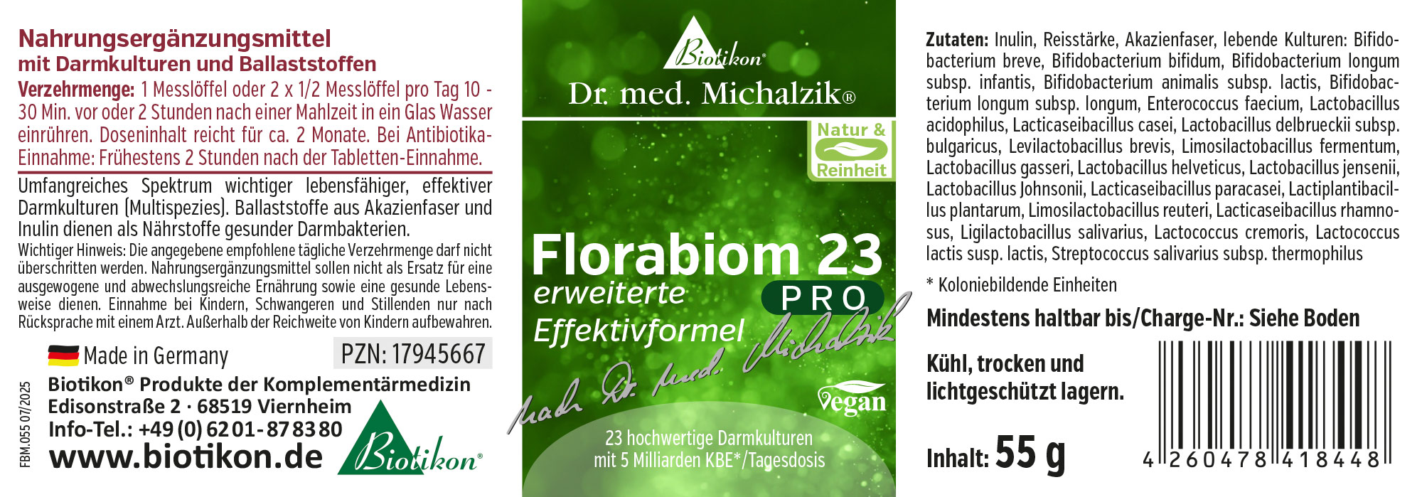 Florabion 23 PRO - 55 g Powder Dietary supplement in green packaging design, 55 g, powder to be taken with water, made in Germany.