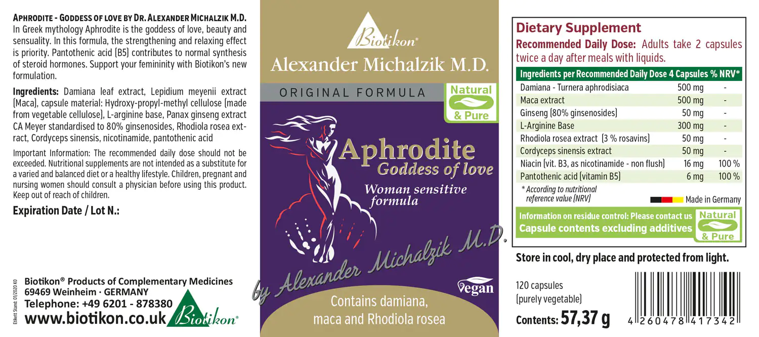 Aphrodite 120 Capsules - Women's Formula Aphrodite dietary supplement, 120 vegan capsules, purple packaging, by Biotikon.