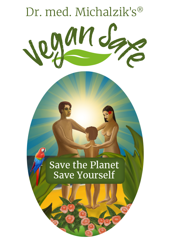 Vegan Safe – Dietary Supplement Image of a vegan product featuring a family, a colorful parrot, and flowers in an oval shape.