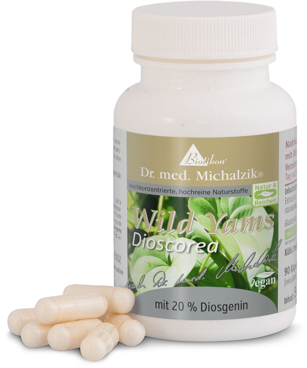 Dioscorea Wild Yam 90 Capsules – 20% Diosgenin Bottle containing 90 white capsules, dietary supplement with wild yam, vegan capsules, featuring 20% diosgenin.