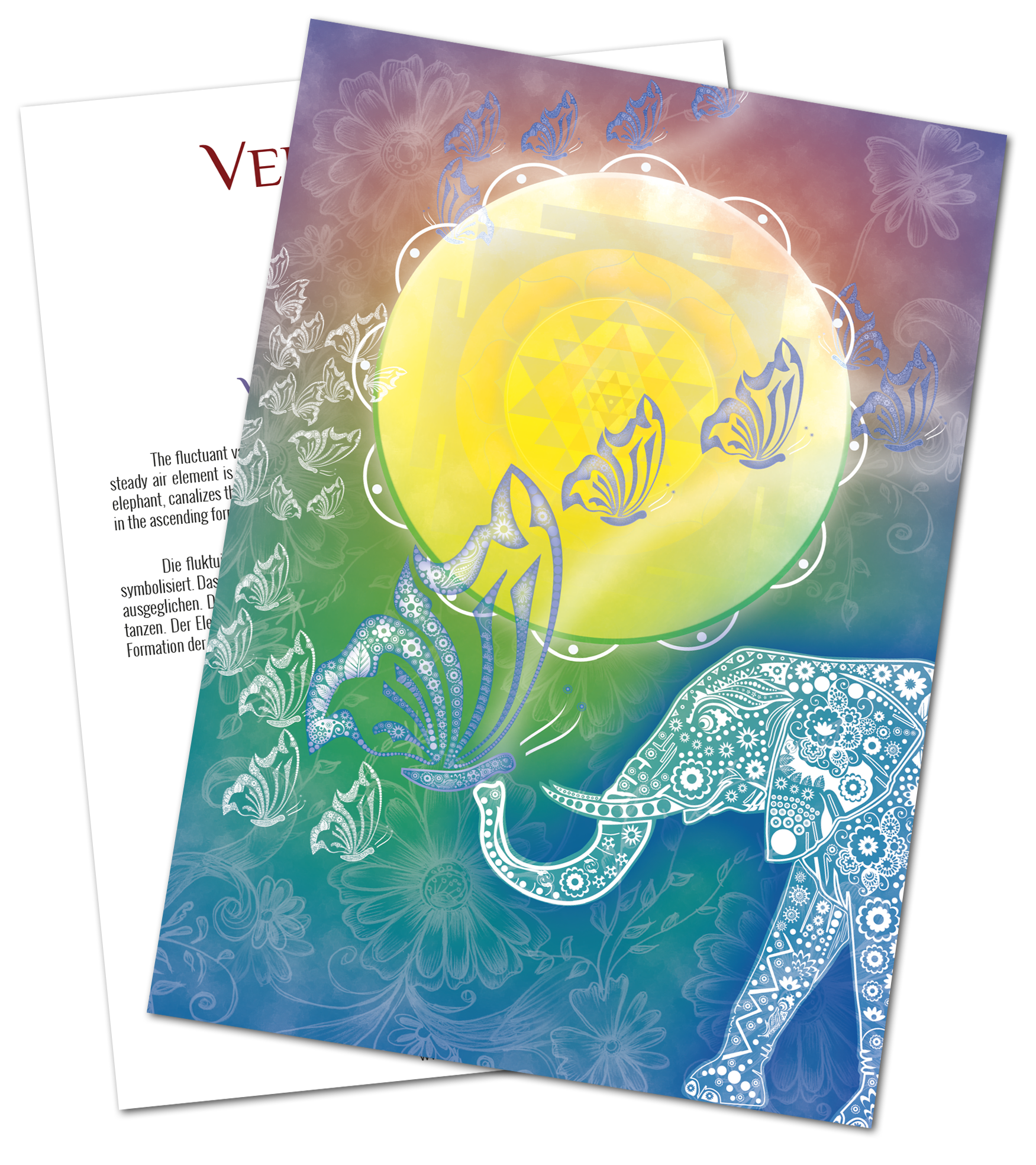 Elephant Art Print – A2 Poster Colorful art print of an elephant with butterflies, A2 size, decorative floral patterns, bright colors.