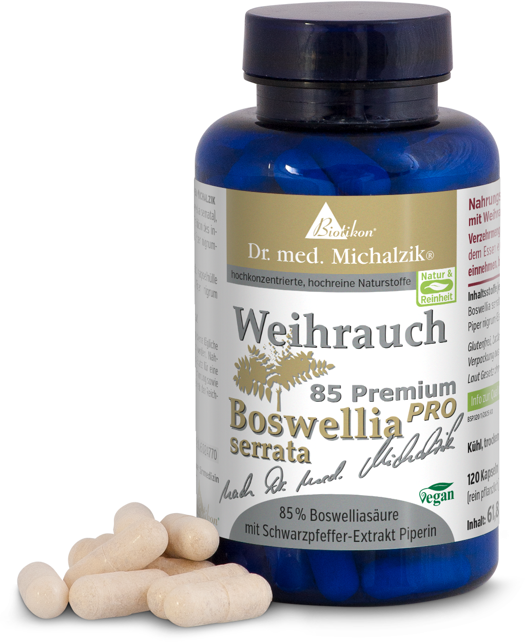 Premium Frankincense 85 – Capsules Blue bottle with 120 capsules, contains 85% boswellic acid, vegan, gluten-free, set against a light background.