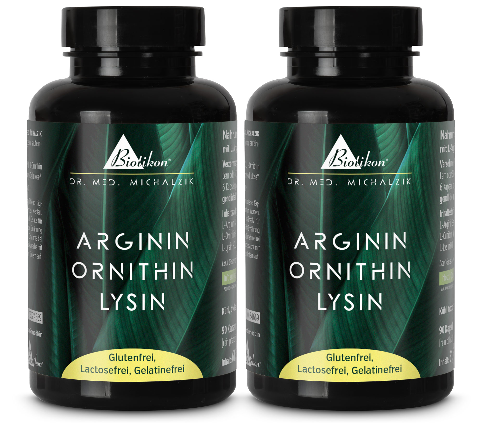 Two blue bottles containing 90 capsules of Arginine Ornithine Lysine, gluten-free, in PET packaging.