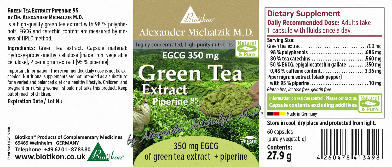 Green Tea Extract 350 mg – Capsules 350 mg EGCG Green Tea Extract with Piperine, 60 vegetarian capsules, green packaging.