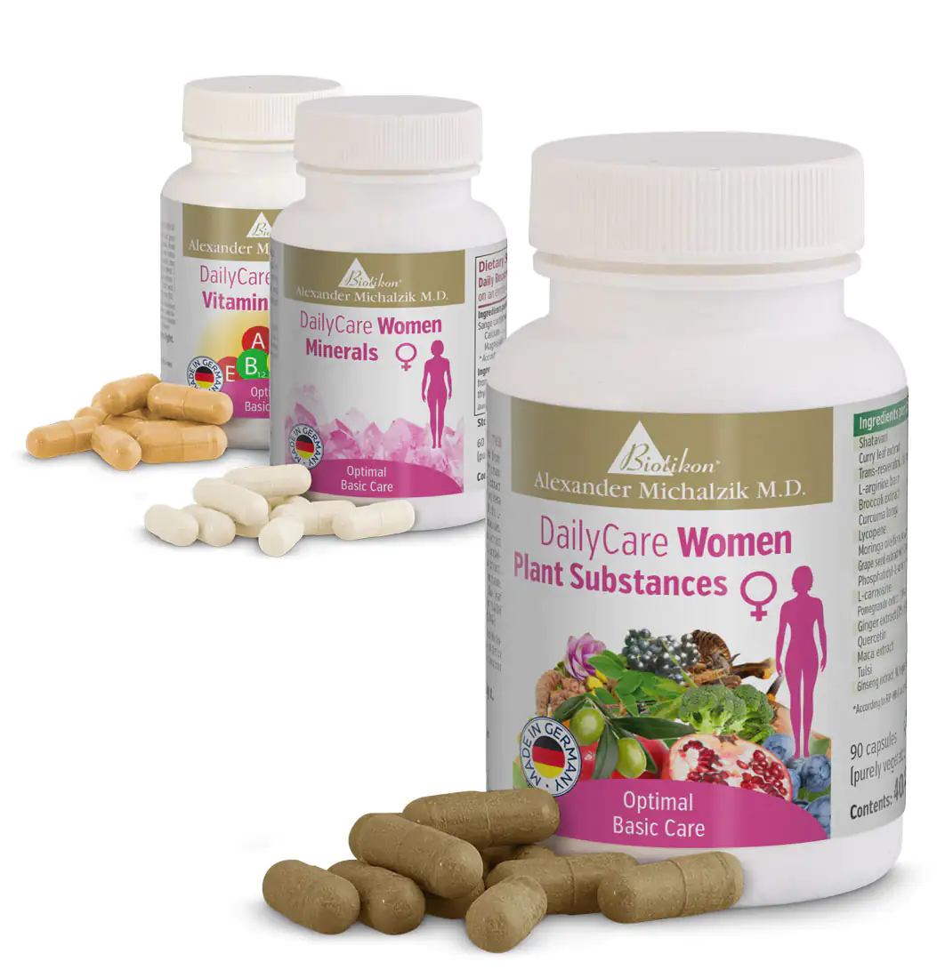 DailyCare Women – 90 Capsules Three bottles of dietary supplements for women, capsules in various colors, on a white background.