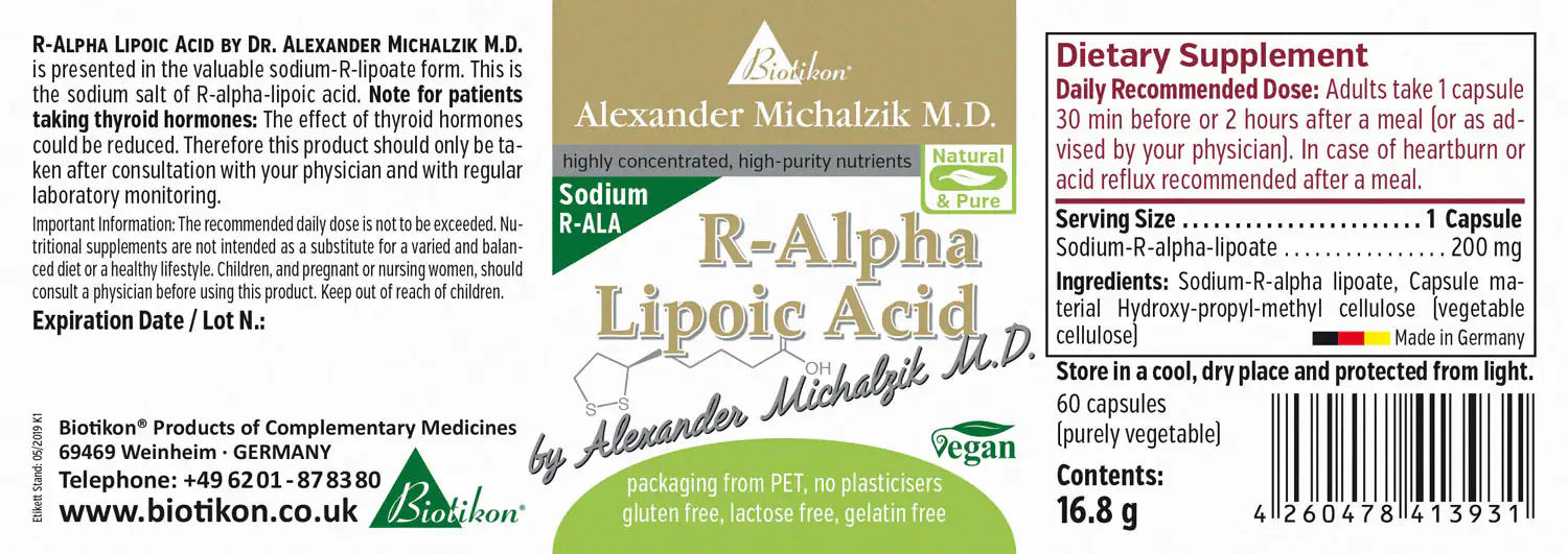 R-Alpha Lipoic Acid 200 mg – 60 Capsules R-Alpha Lipoic Acid in capsules, 200 mg, 60 pieces, PET packaging, vegan, gluten-free, lactose-free.
