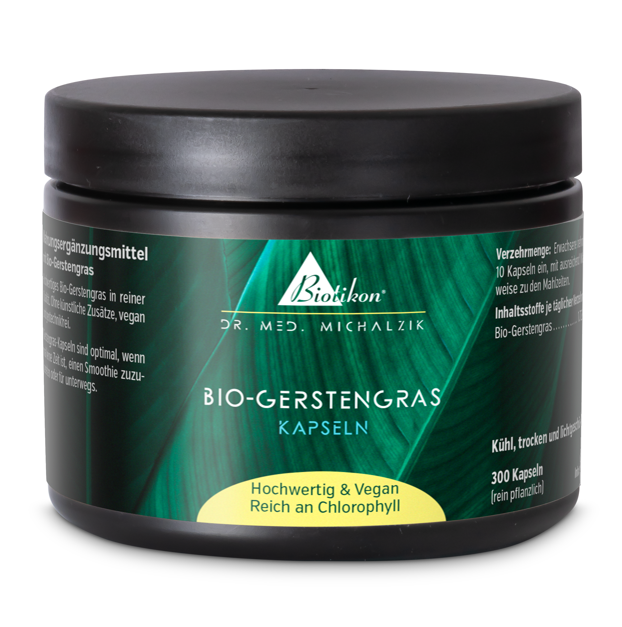 Organic Barley Grass Capsules – 300 Count Organic barley grass capsules in a black container, 300 count, vegan, rich in chlorophyll.