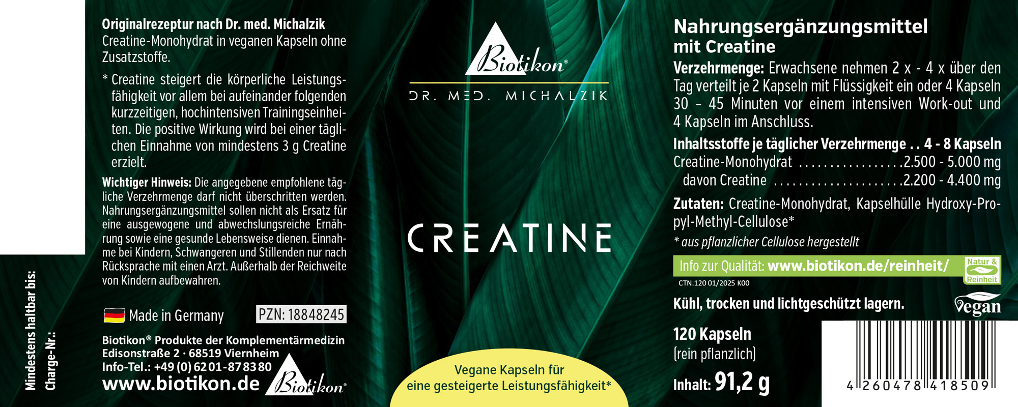 Creatine 120 Capsules - Dietary Supplement Vegan capsules with creatine monohydrate, 120 pieces, in green packaging.