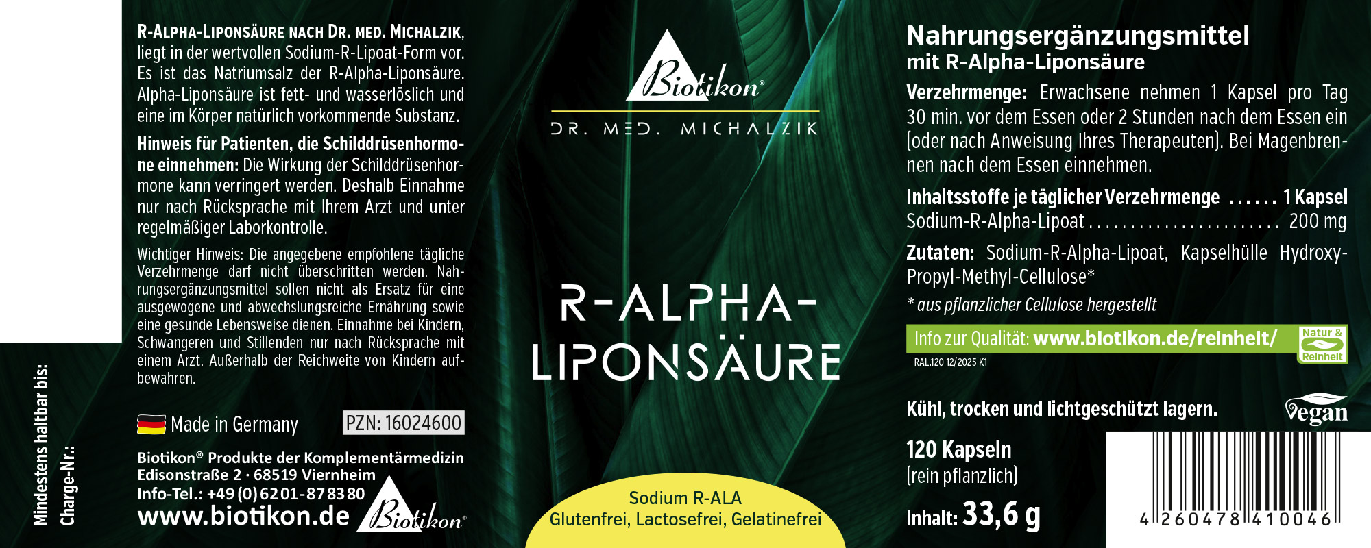 120 Kapseln R-Alpha-Liponsäure, vegane Verpackung, seitliche Ansicht.