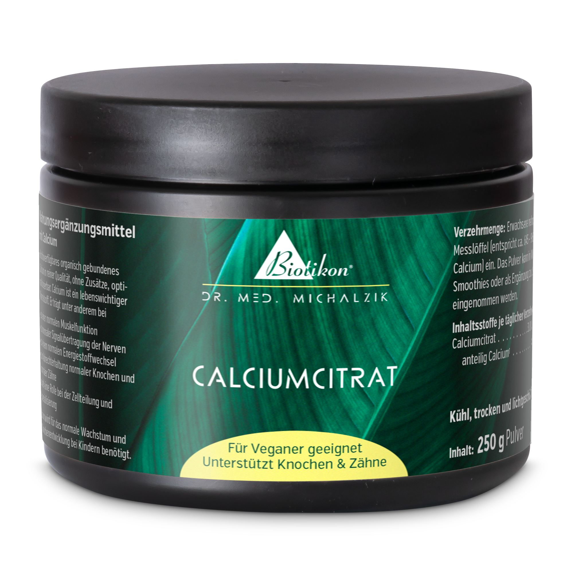 Calcium Citrate – 250 g Powder Calcium citrate in a black container, 250 g powder, suitable for vegans, store in a cool, dry place.