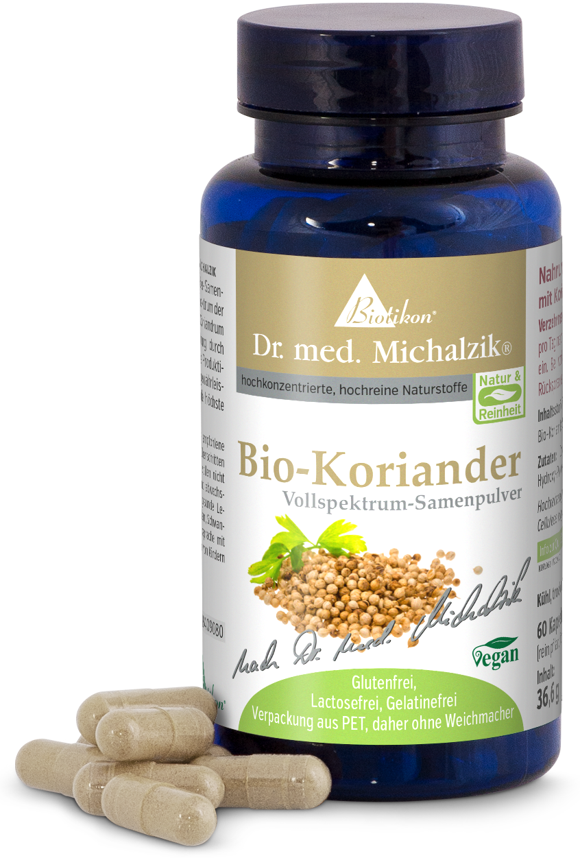 Organic Coriander 60 Capsules – Full Spectrum Seed Powder Full spectrum seed powder Organic Coriander in a blue bottle, 60 capsules, gluten-free and vegan.