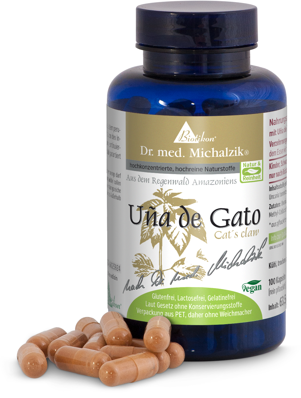 Cat's Claw 100 Capsules – Cat Claw Extract Brown capsules in a blue bottle, 100 capsules, vegan ingredients, no additives.