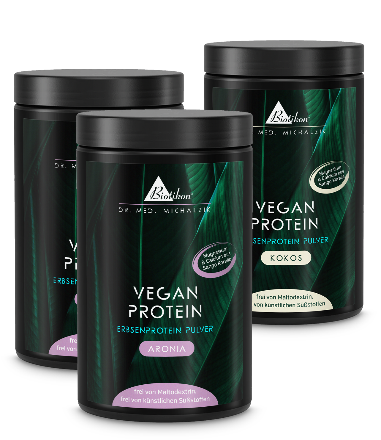 Three white cans of plant protein powder, flavors Aronia and Coconut, with visible labels.