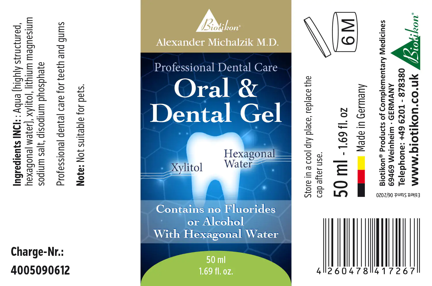 Oral & Dental Gel 50 ml – Gel 50 ml tube of oral and dental gel, blue and green, with hexagonal water, front view of the packaging.