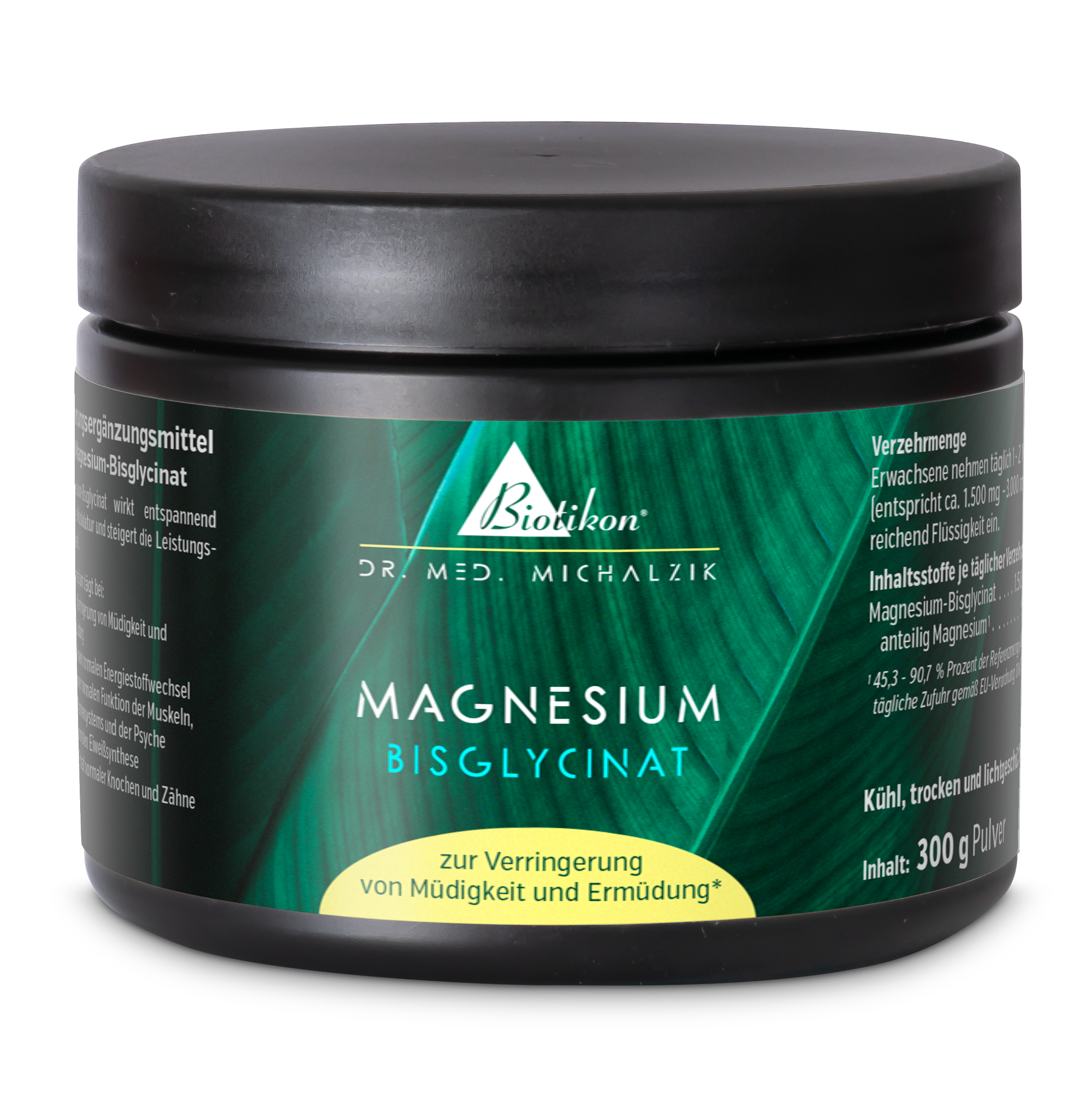 Magnesium Bisglycinate – 300 g Powder Black container with Magnesium Bisglycinate powder, 300 g, front view, green accent color.
