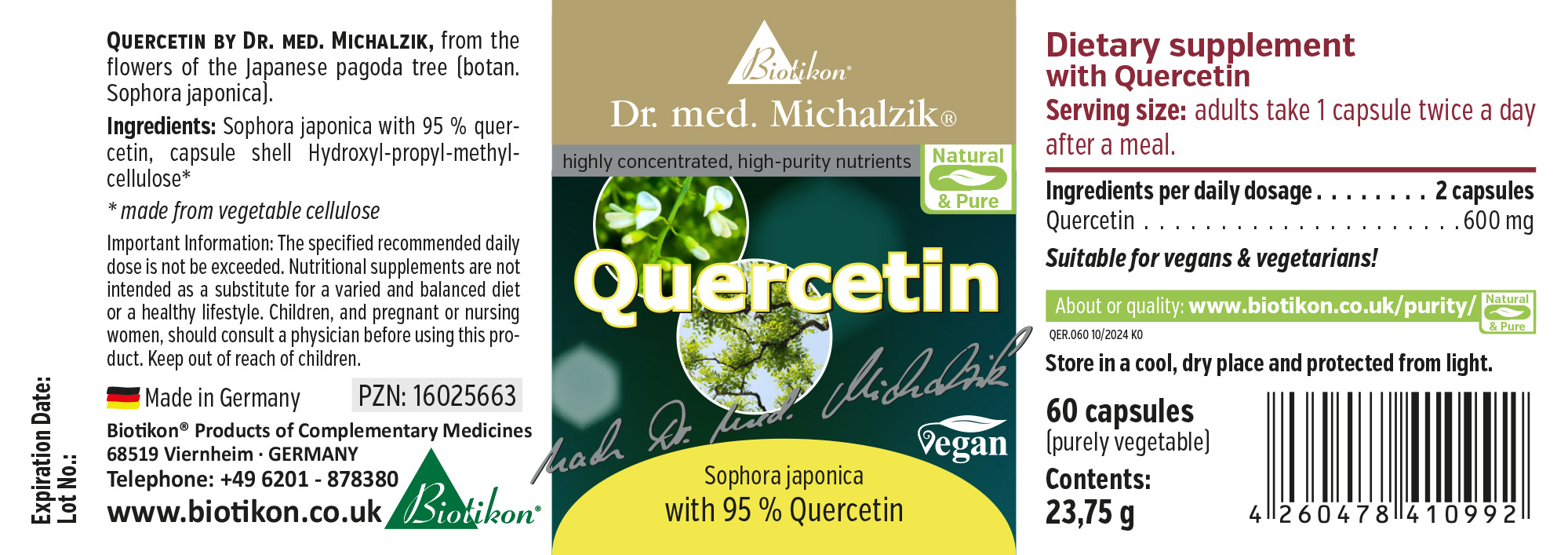 Quercetin 600 mg – Capsules 60 vegan capsules of Quercetin with 95% Quercetin in green packaging, view of the front.