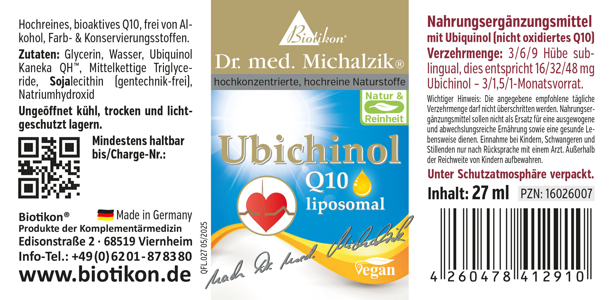 Liposomal Ubiquinol Q10 – 27 ml Liquid dietary supplement with Ubiquinol in a 27 ml bottle, light blue with golden text.