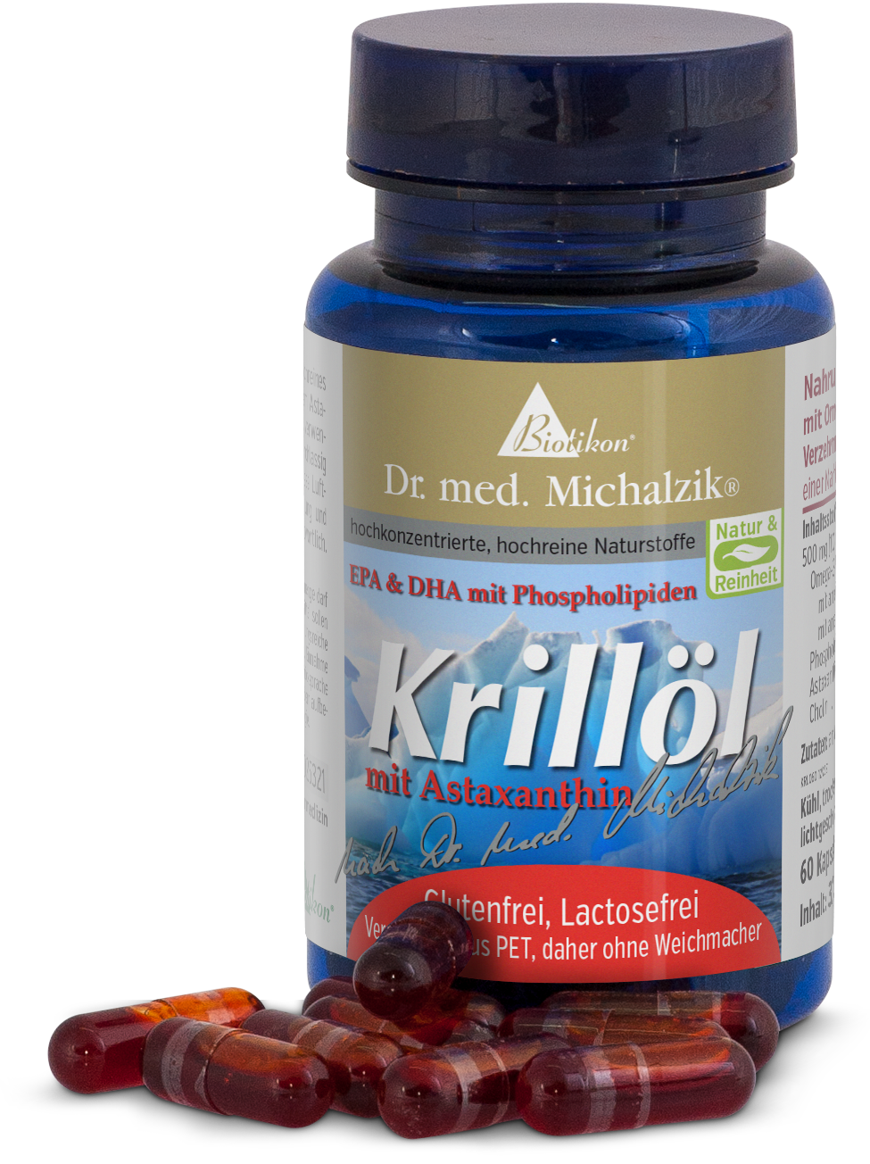 Krill Oil 500 mg - Capsules Bottle of 60 red krill oil capsules, some capsules visible, blue and white packaging.