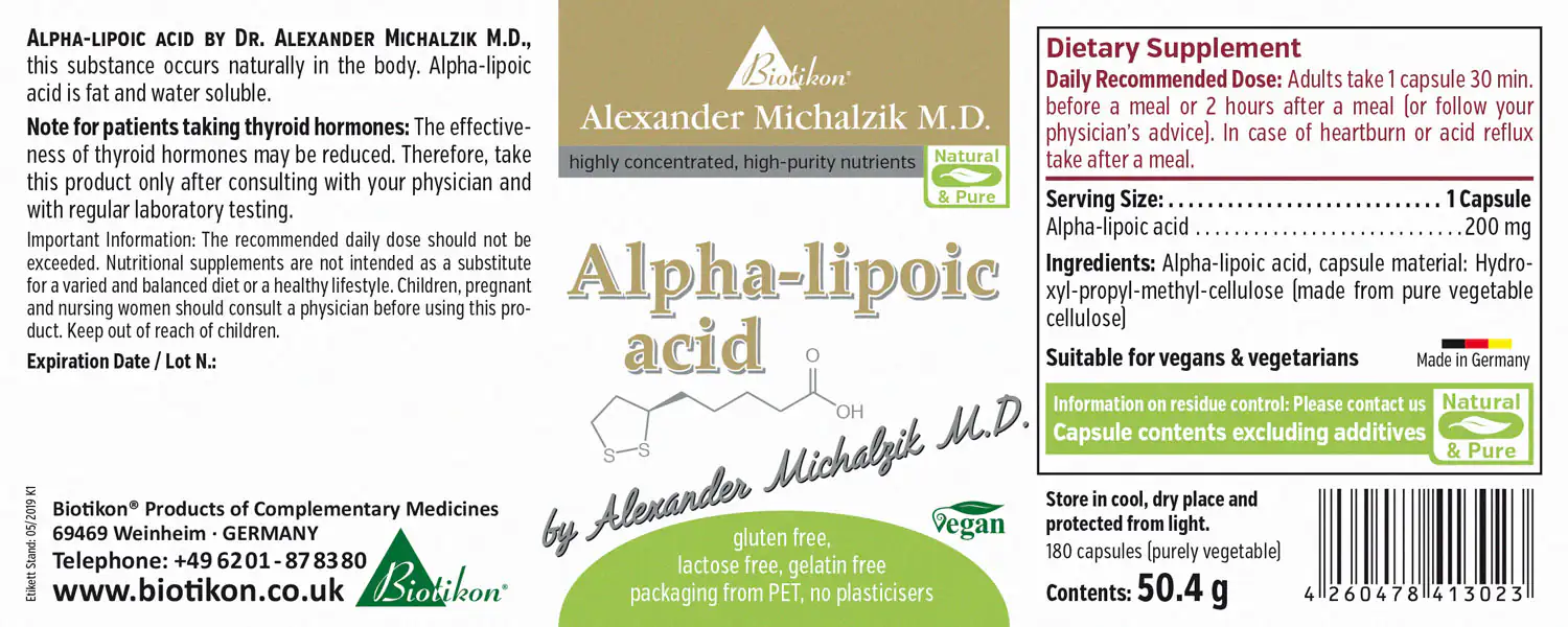 Alpha Lipoic Acid 200 mg – Capsules Alpha Lipoic Acid capsules, 200 mg, 180 pieces, in a clear bottle, vegan, made from pure plant material.