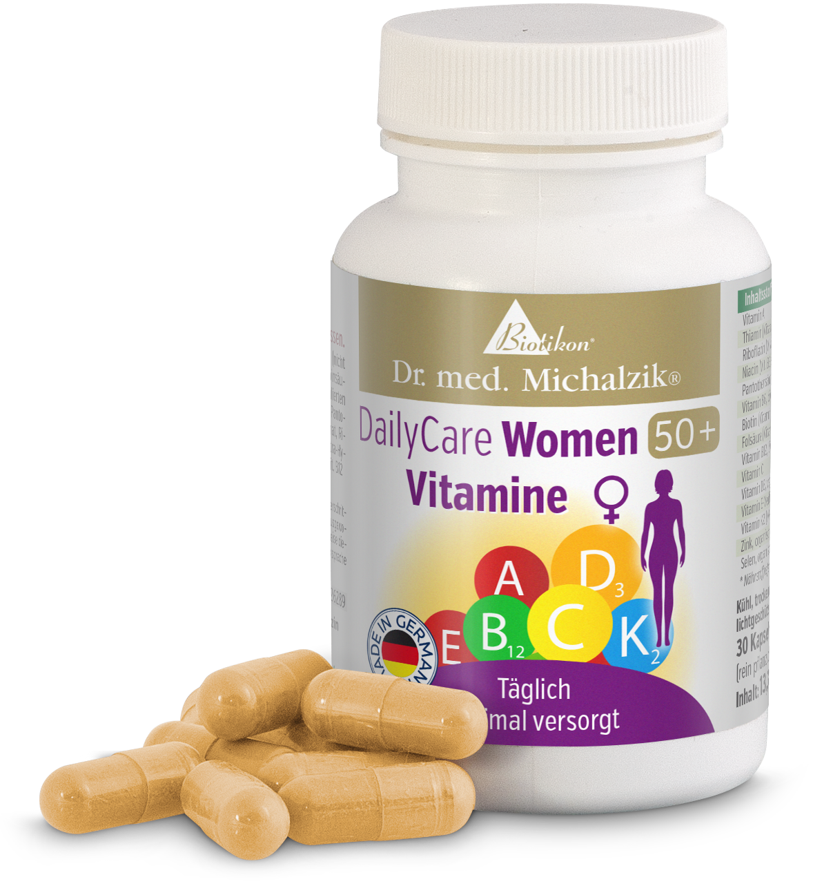 50+ Multivitamins - Capsules Multivitamin capsules for women 50+, 30 pieces, in a light container on a white background.