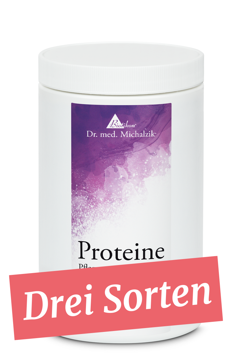 Protein Powder – Three Varieties White container with purple design, protein powder, 500 g, three different flavors.