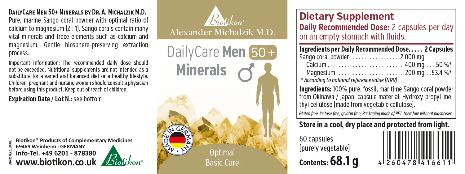 Minerals for Men 50+ – 60 Capsules Mineral capsules for men over 50, 60 pieces, transparent packaging, yellow ingredients.