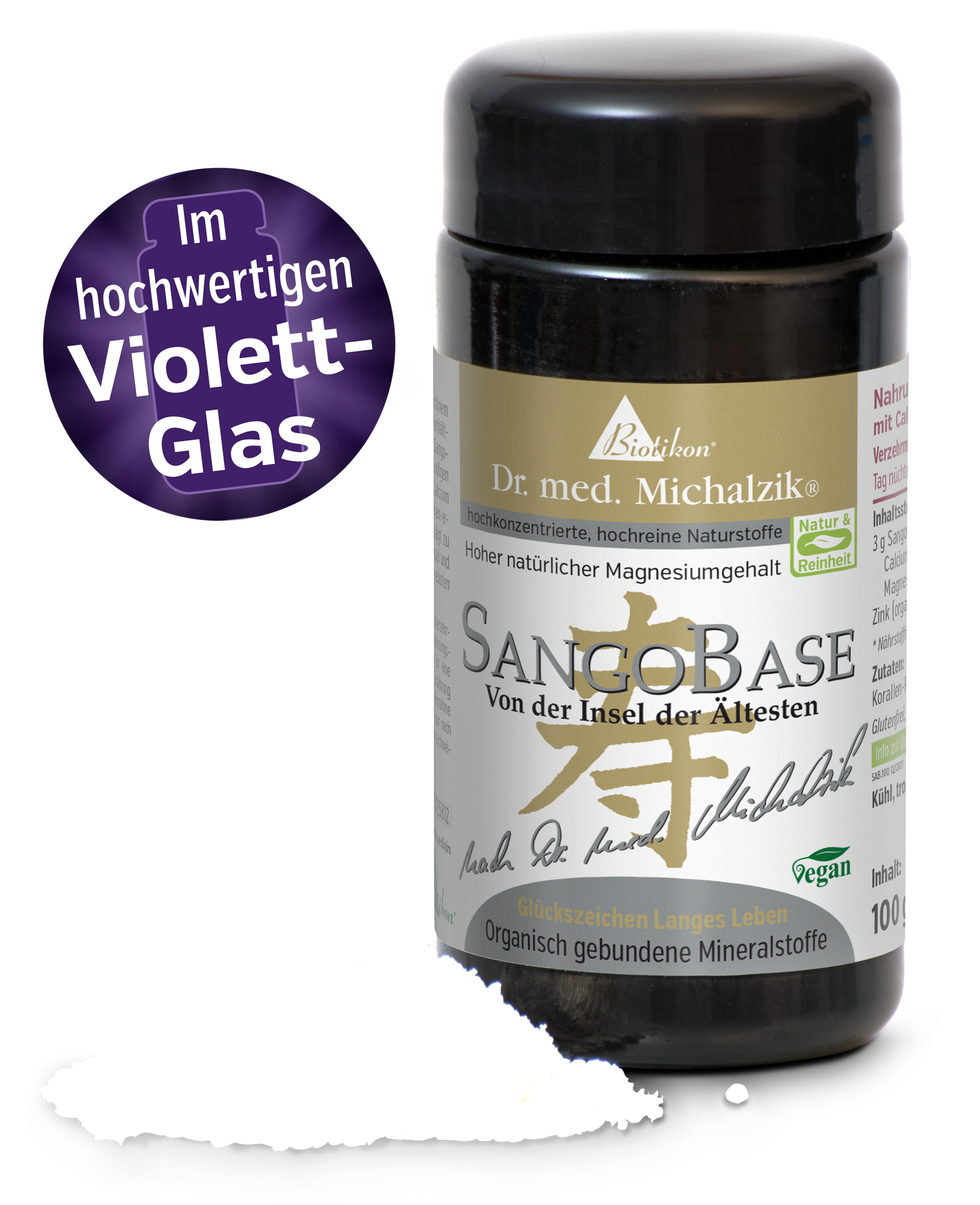 SangoBase 100g – Organic Minerals SangoBase in a black glass container, 100g, organic-bound minerals, vegan.