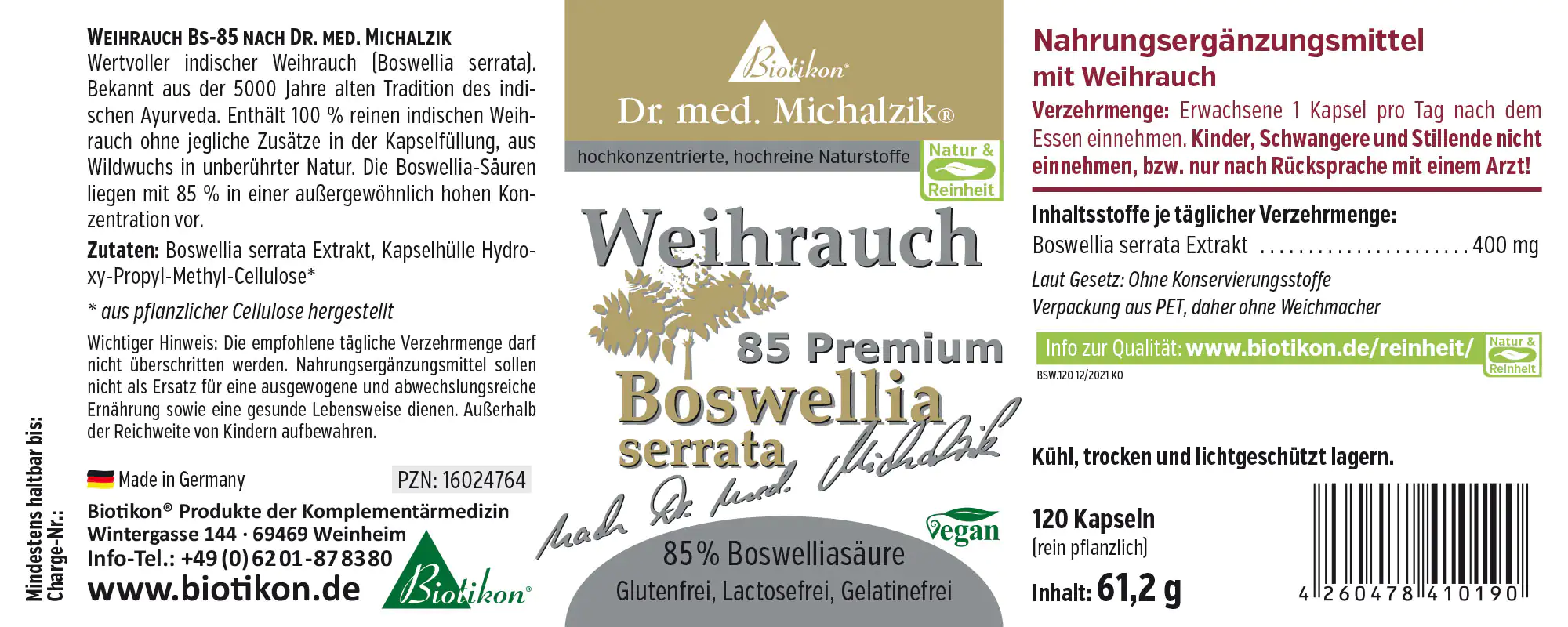 Boswellia Capsules 400 mg – 120 Count Boswellia dietary supplement in capsules, 120 capsules, PET packaging, vegan, gluten-free.