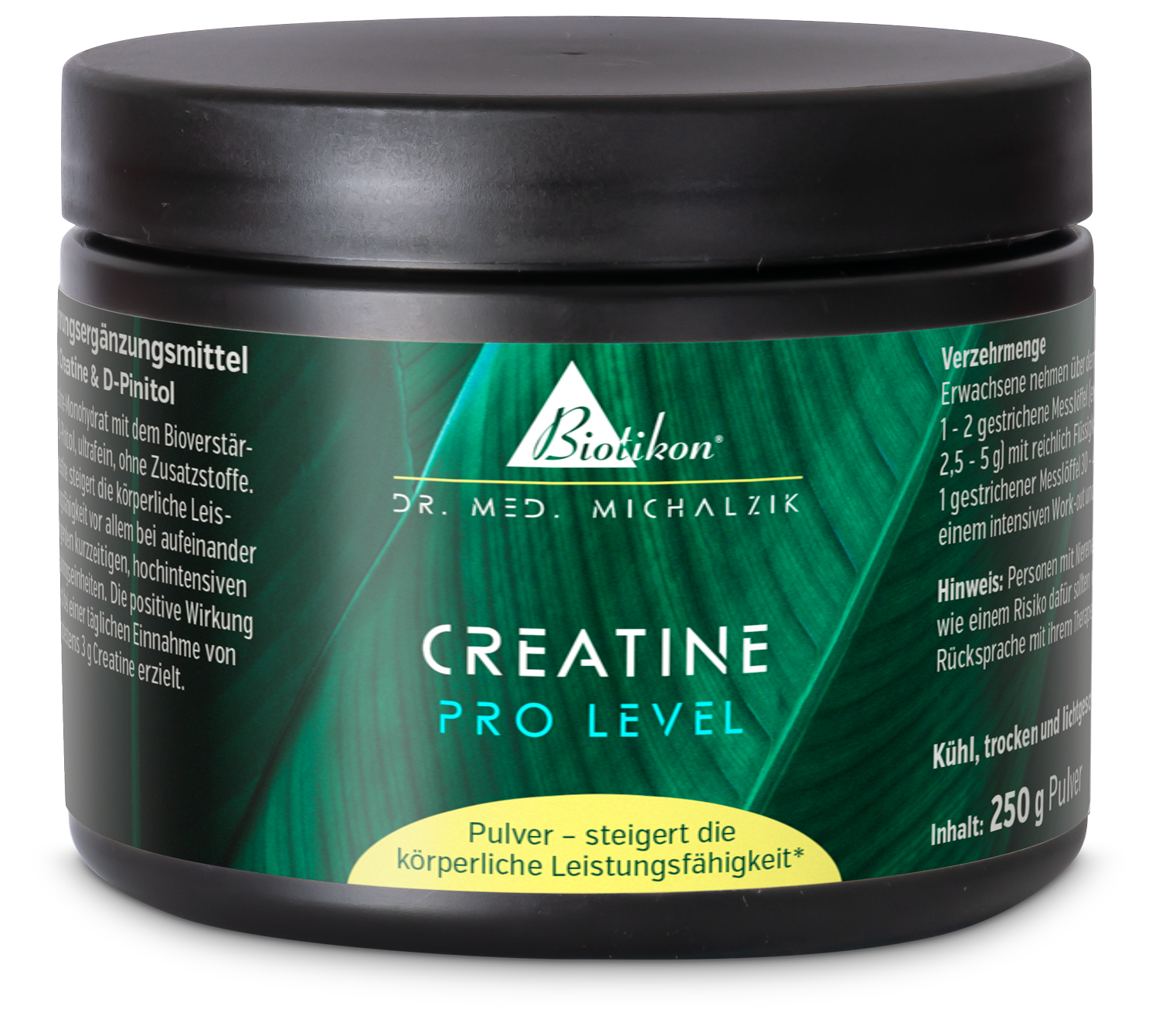Creatine Pro Level – 250 g Powder Black powder container with 250 g of creatine, green label, side view.