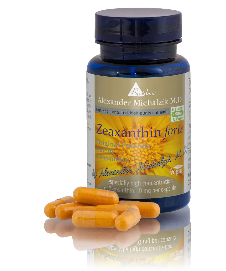 Zeaxanthin Forte 10 mg – Capsules Bottle of zeaxanthin capsules, 10 mg per capsule, orange color, front view, 30 capsules shown.
