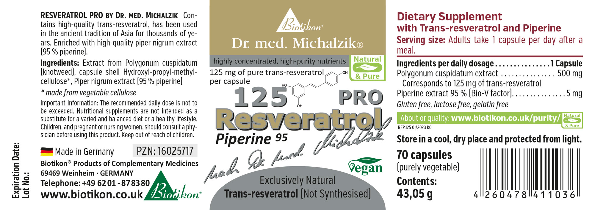 Resveratrol 125 PRO Label 100 vegan capsules containing 125 mg trans-resveratrol and 95% piperine in one package.