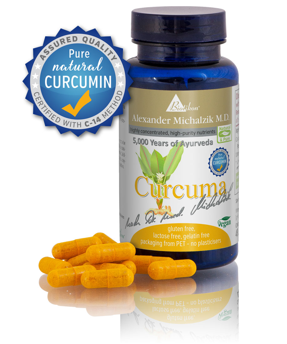 Turmeric 500 mg - Capsules Bottle of turmeric capsules, yellow-orange, 60 pieces, front view, vegan.