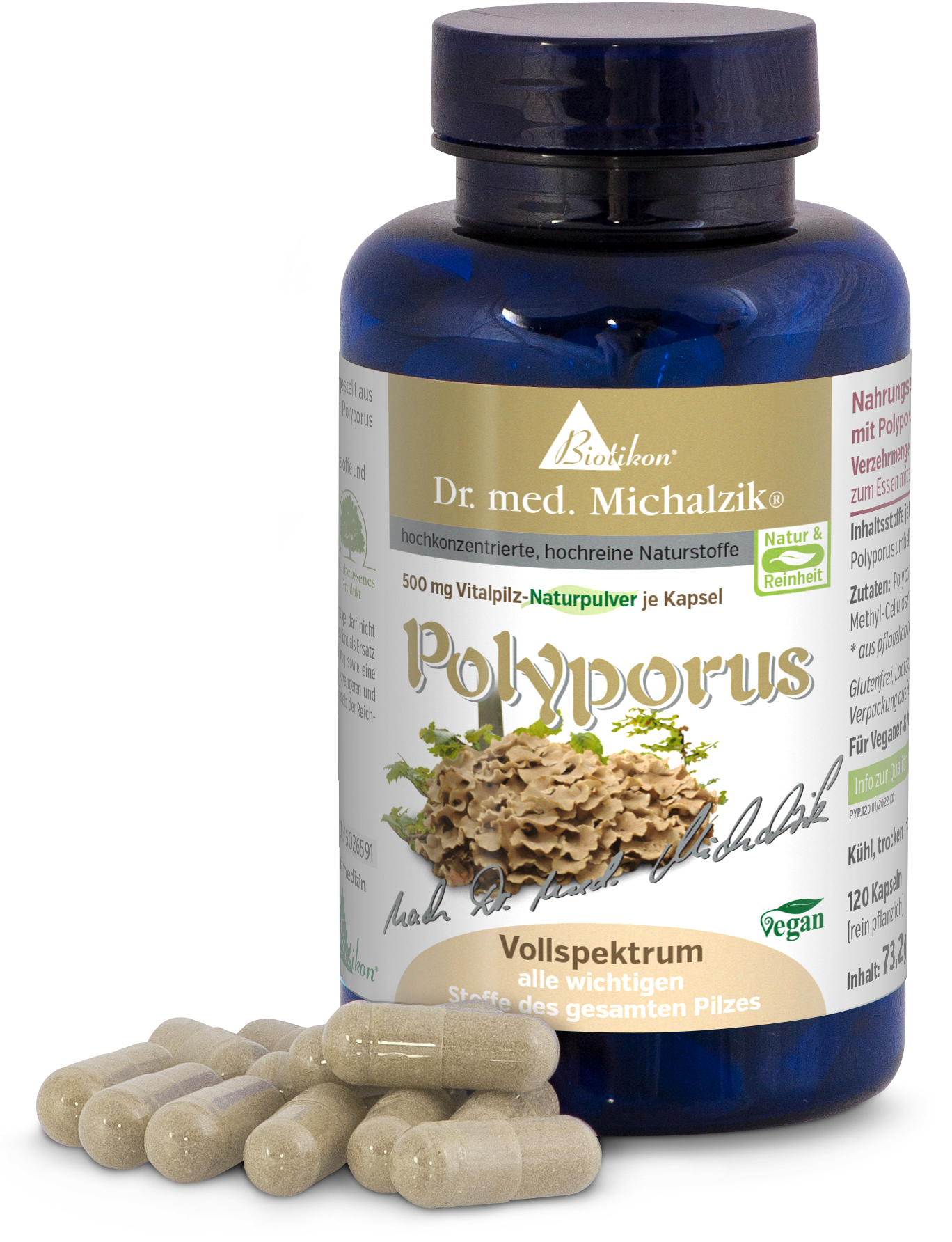 Polyporus 500 mg Capsules – 120 Count Blue bottle containing 120 capsules, each with 500 mg of Polyporus. Capsules are light beige.