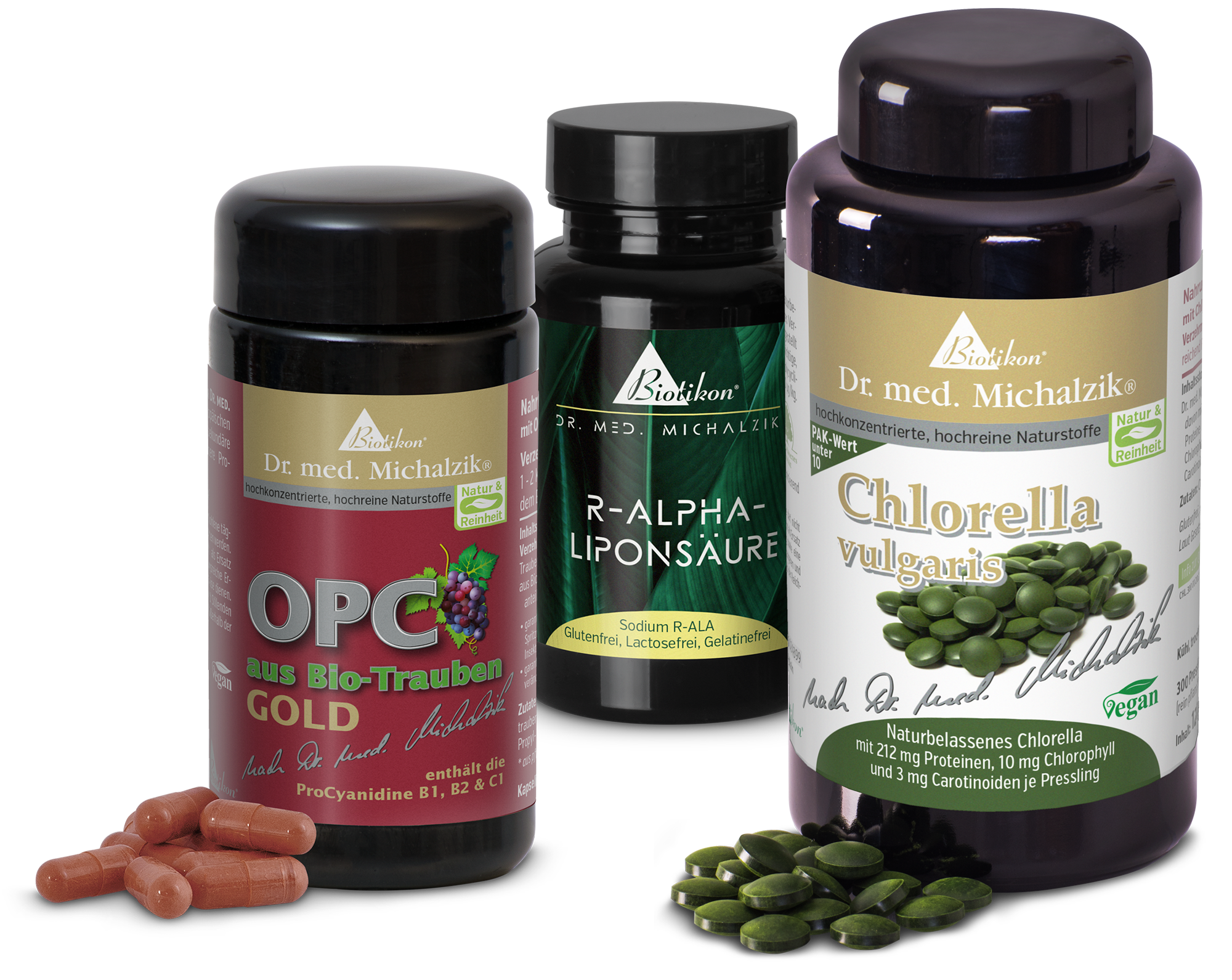Images of the cans and capsules + tablets from the BIOTOX treatment program: R-alpha lipoic acid, OPC from organic GOLD grapes and chlorella. Images of the cans and capsules + tablets from the BIOTOX treatment program: R-alpha lipoic acid, OPC from organic GOLD grapes and chlorella.