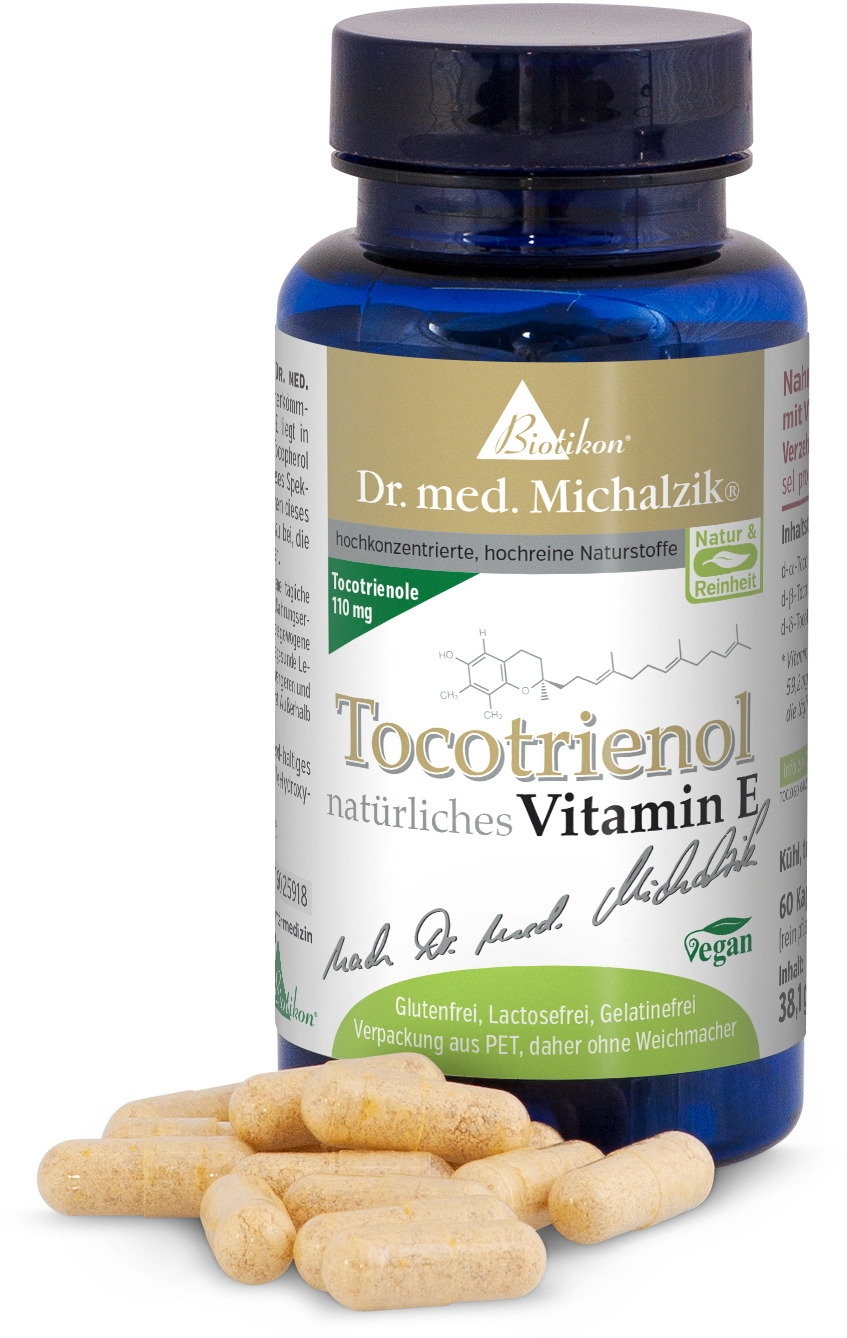 Tocotrienol 110 mg - Capsules Natural Vitamin E in capsules, 60 count, yellow capsules in blue PET packaging.