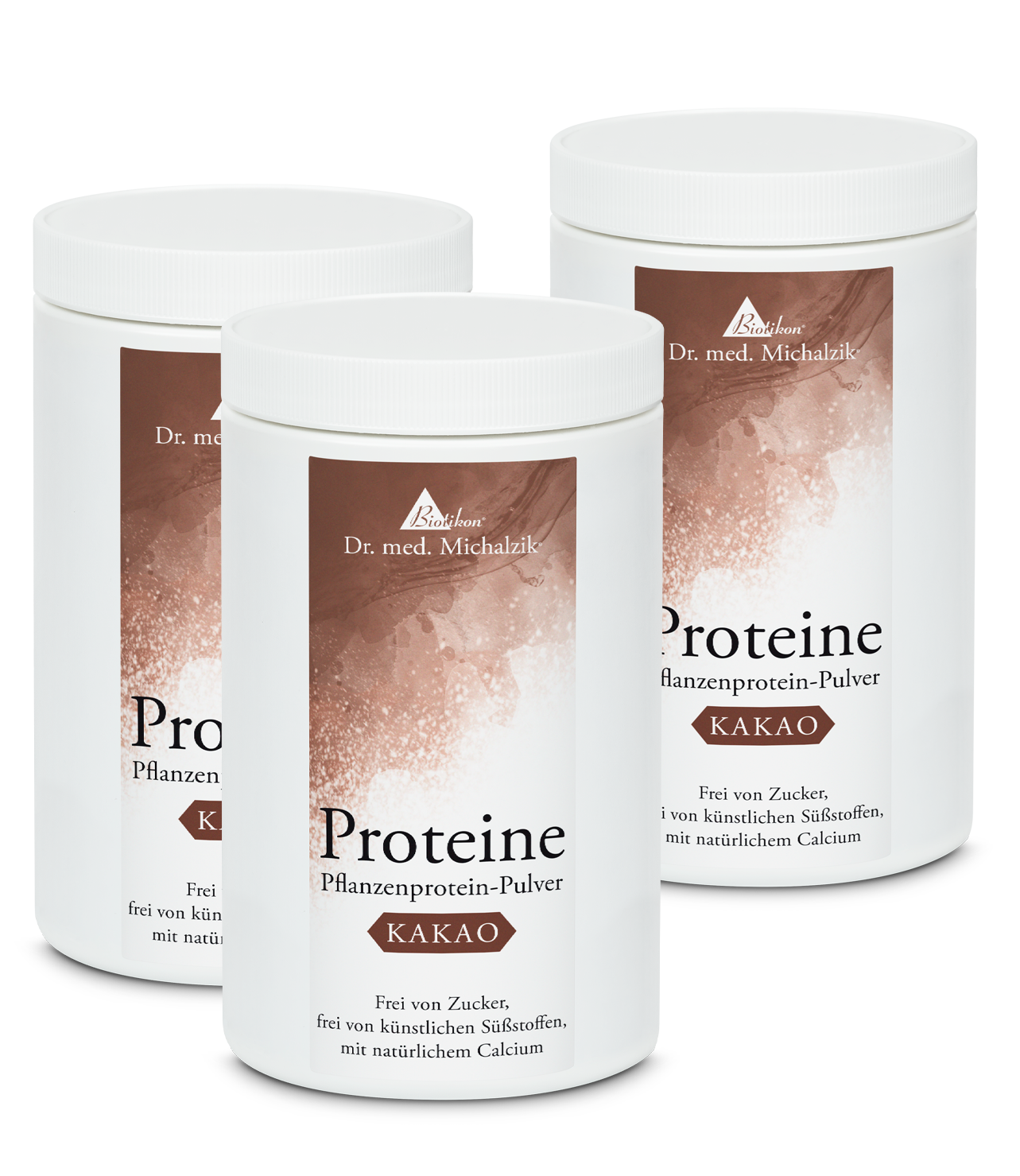 Cocoa Plant Protein Powder - 3 x 300 g Three cans of cocoa plant protein powder, each 300 g, shown with a white design and brown label, front view.