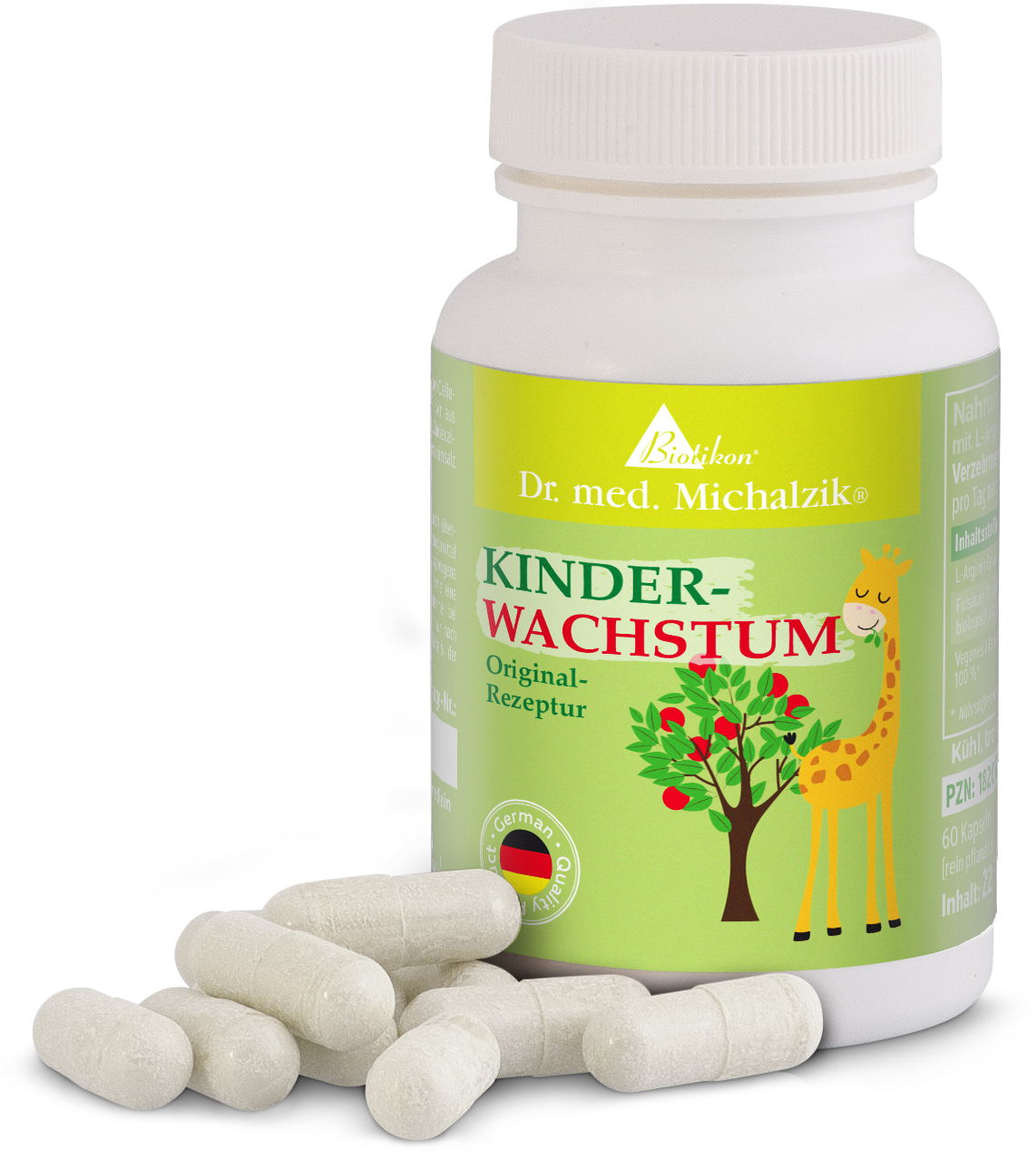 Kids Growth – 60 Capsules Children's dietary supplement, 60 capsules, colorful bottle design, white.