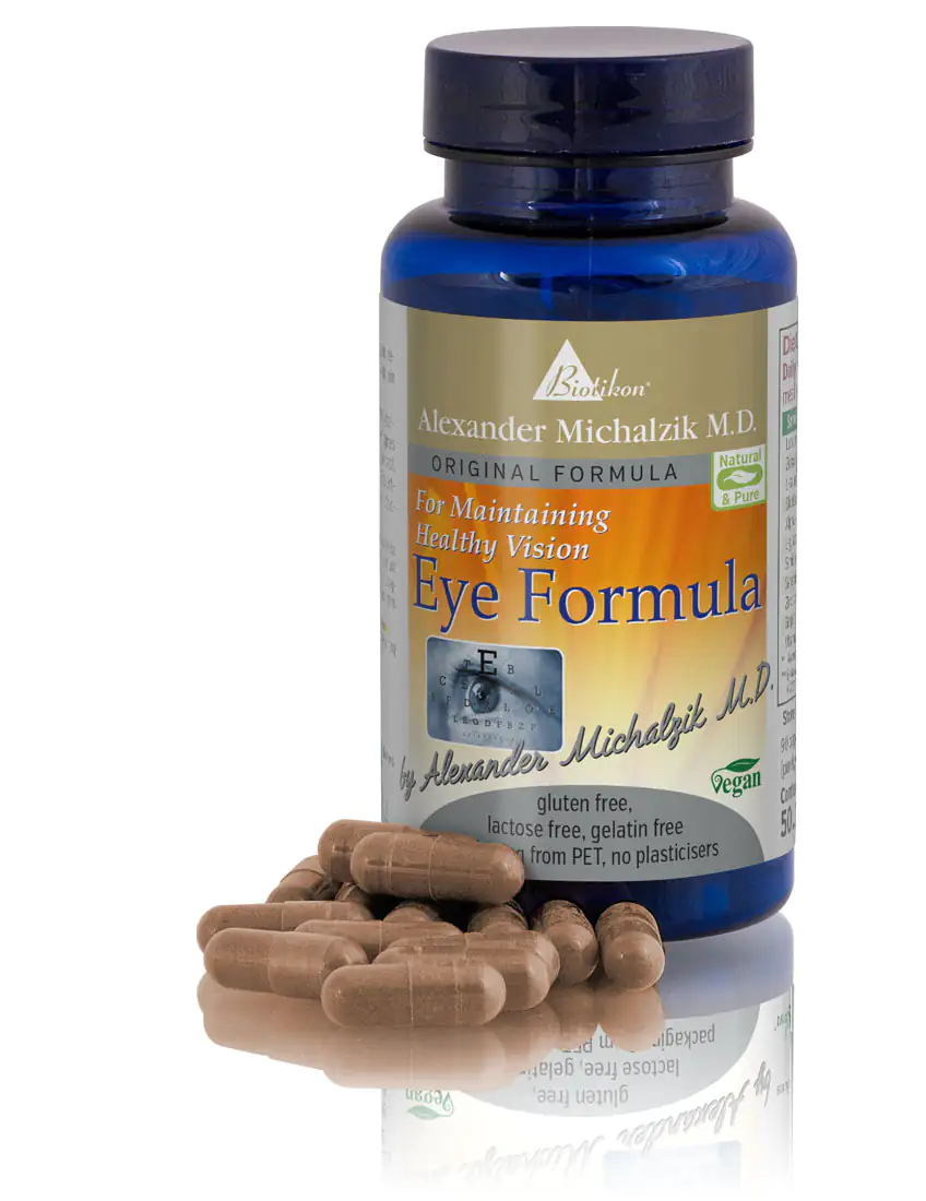 Eye Formula Capsules - 50 Count Brown capsules in a blue bottle, 50 count, for eye health, vegan formula.