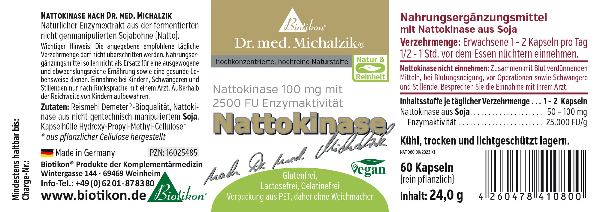 Nattokinase 100 mg - Capsules Nattokinase dietary supplement from soy, 60 capsules, PET packaging, vegan, with 2500 FU enzyme activity.