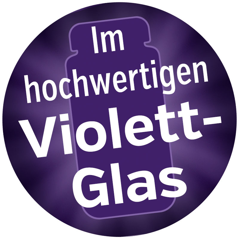 Round label with the text 'High-Quality Violet Glass' on a purple background.