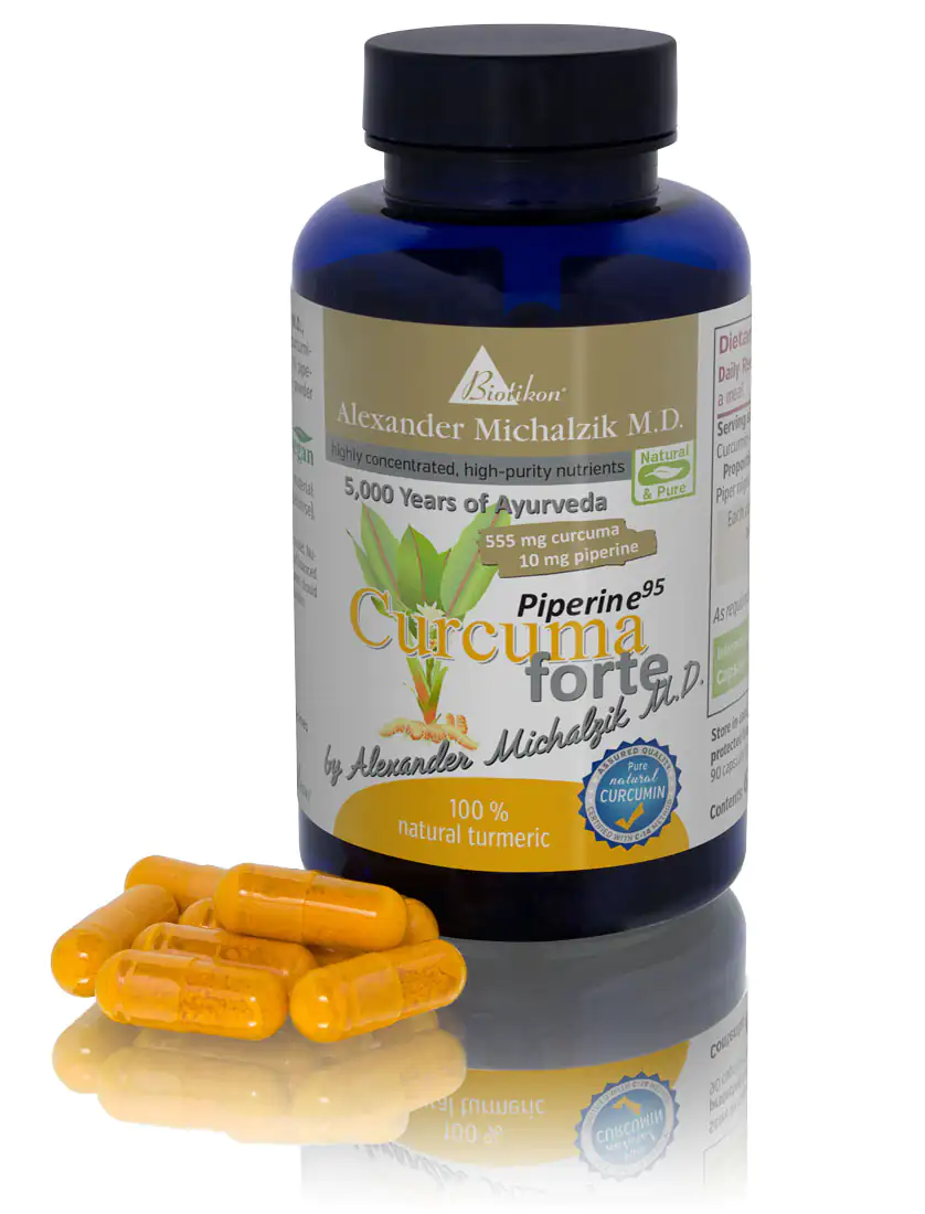 Turmeric Forte 555 mg – Capsules Glass bottle containing 60 yellow capsules, 555 mg turmeric, on a reflective surface.