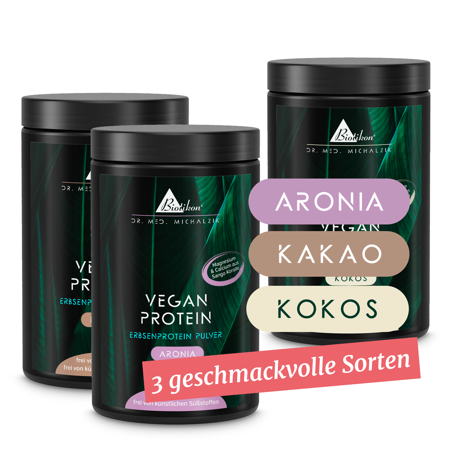 Three containers of plant protein powder in Aronia, Cocoa, and Coconut, various colors, front view.