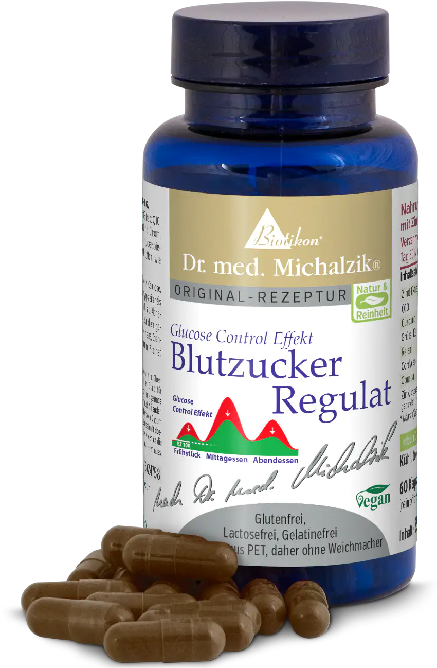 Blood Sugar Regulat – 60 Capsules Bottle with 60 vegan capsules in brown, blue PET casing, visible label and capsules.