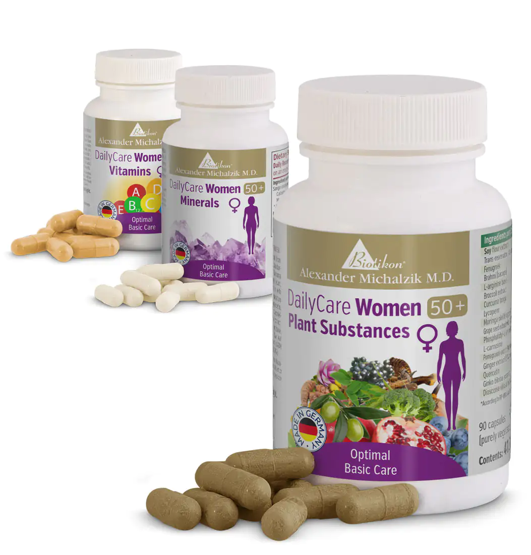 DailyCare Women 50+ Complete 3 Bottles Three bottles of supplement for women 50+, capsules in various colors, front view.