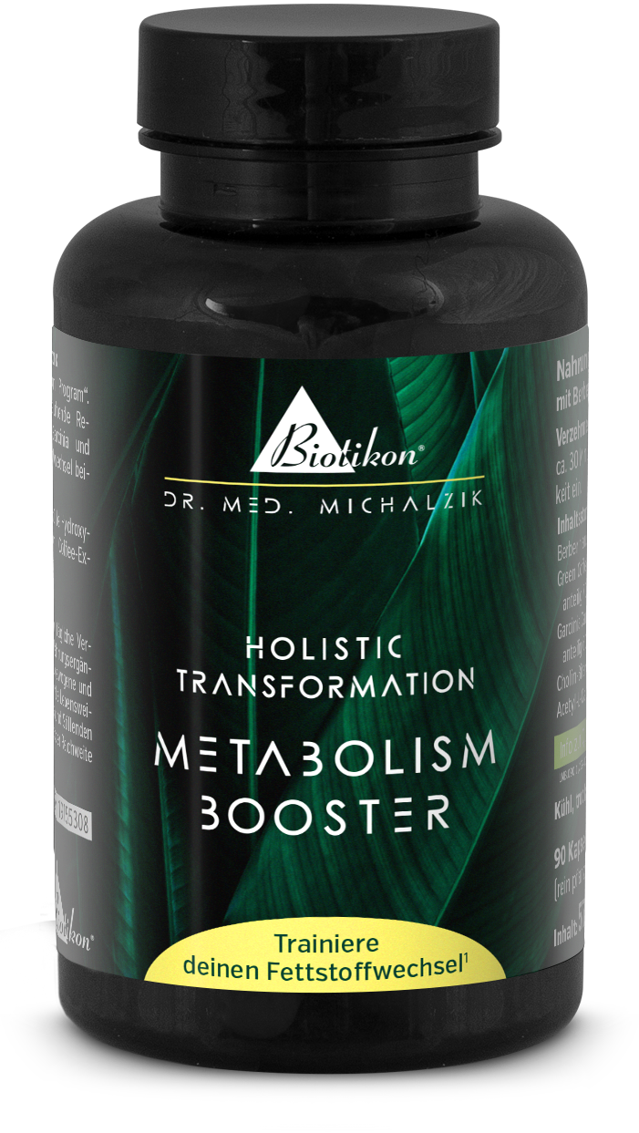 Black bottle with 90 capsules for metabolism support, green and gold label, front view.