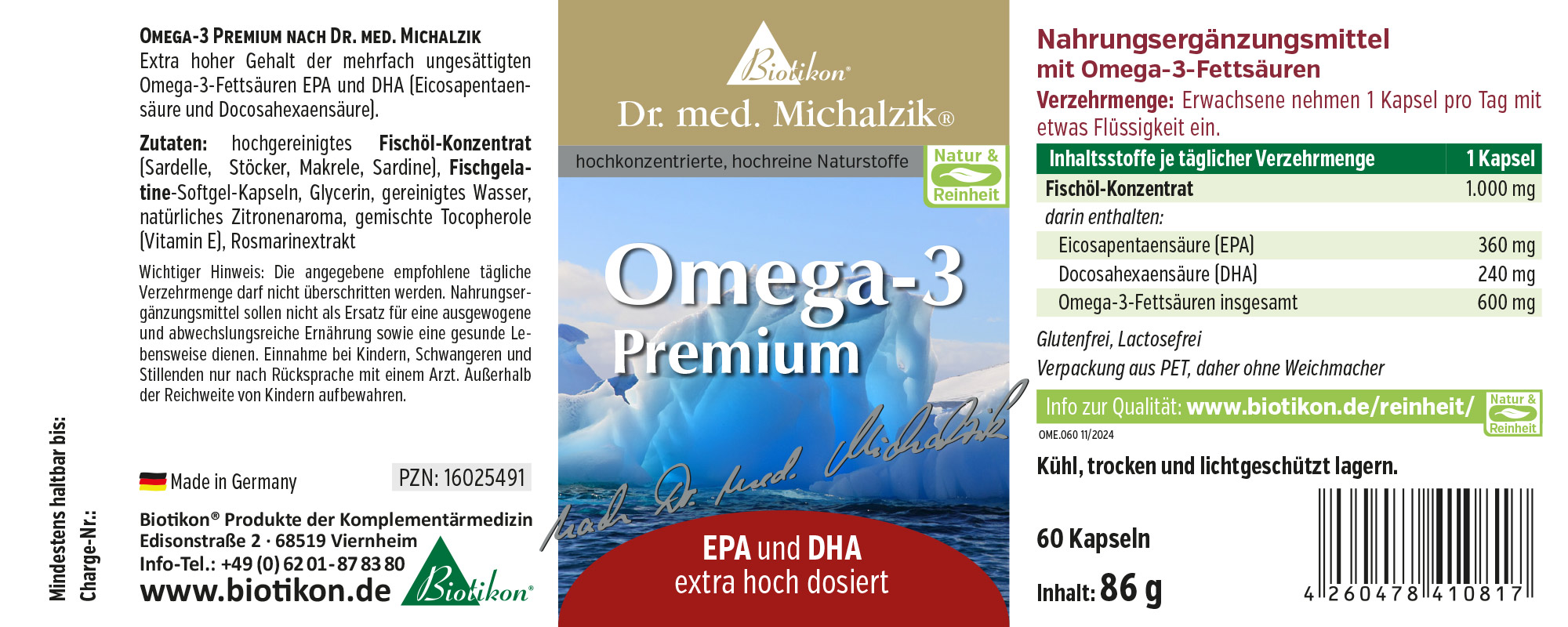 Omega-3 Premium 1000 mg – 60 Softgel Capsules Omega-3 Premium dietary supplement in blue packaging, containing 60 softgel capsules, 1 capsule recommended daily.
