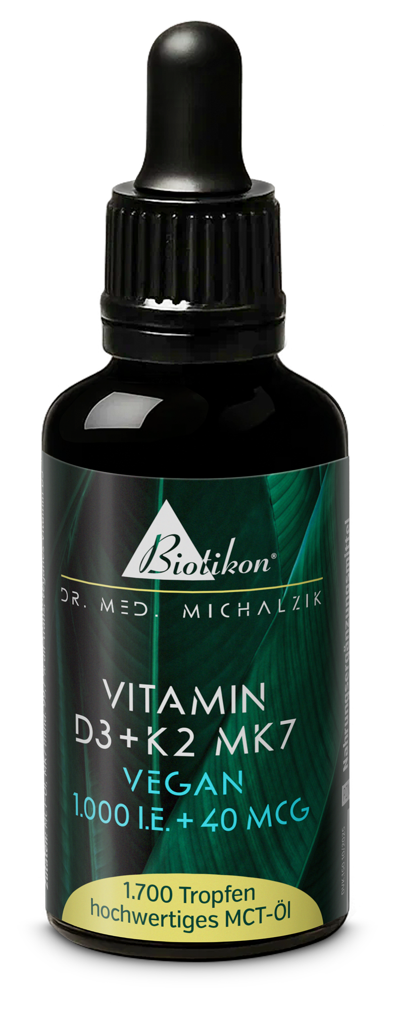Bottle with Vitamin D3 and K2 MK7, 1000 IU and 40 mcg, 1750 drops, dark color, dropper pipette