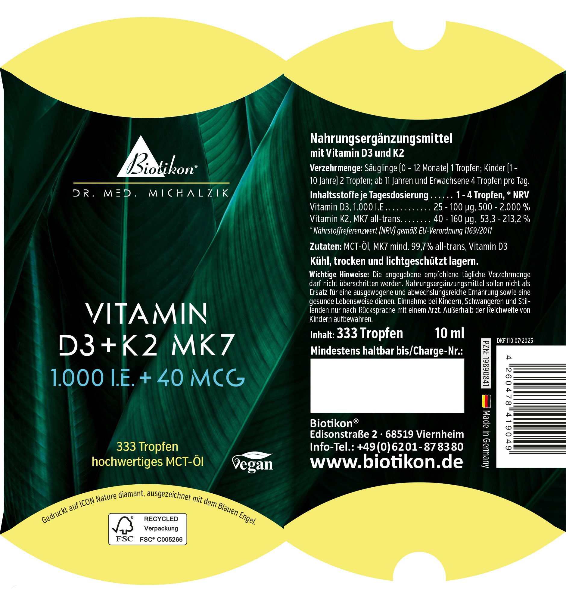 Vitamin D3 K2 MK7 1000 I.E. – 333 Drops Dietary supplement with Vitamin D3 and K2, 333 drops, 10 ml, green packaging, vegan, front view.