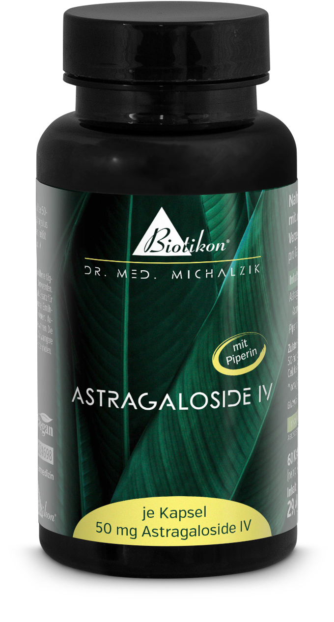 Bottle of 60 Astragaloside IV capsules, beige capsules, front view, with loose capsules on the table.