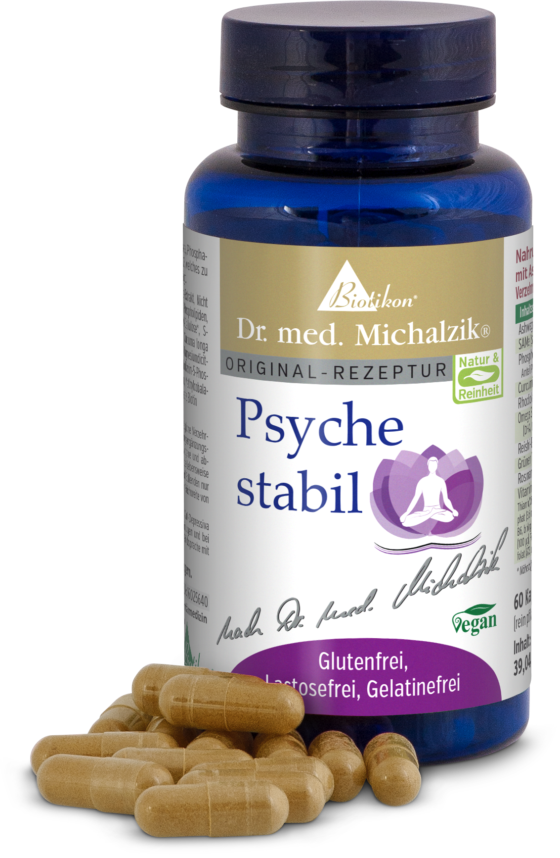 Psyche Stabil Capsules - 60 Count Psyche Stabil capsules in a blue bottle, 60 capsules, gluten-free, lactose-free, vegan, with visible capsules.
